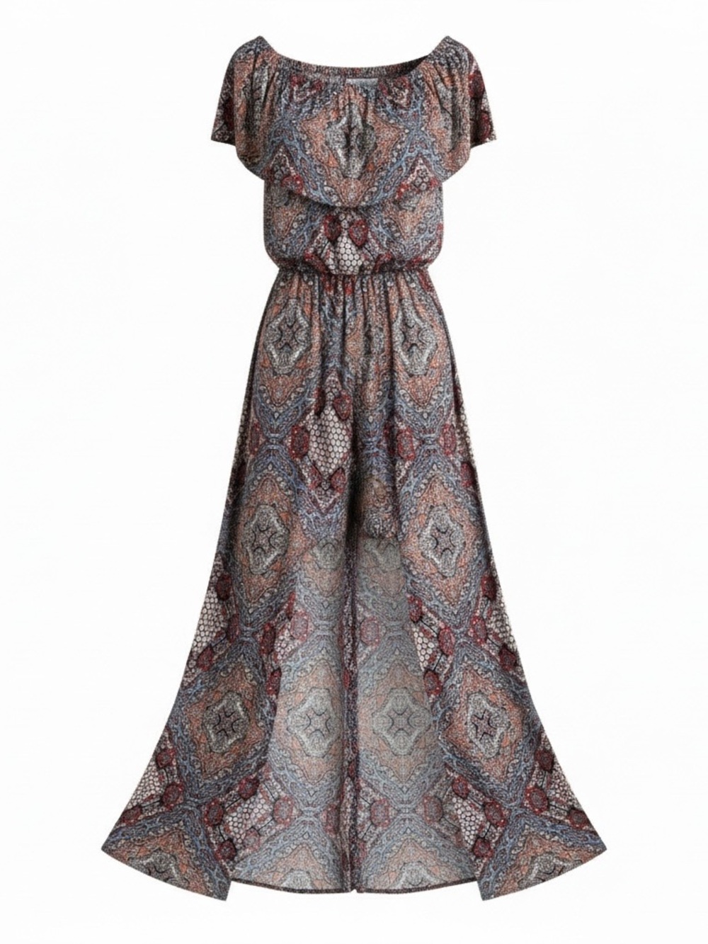 Bohemian Printed Off-Shoulder Maxi Dress/Shorts in Multi-Color